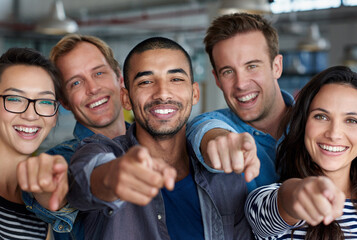 Poster - Happy people, portrait and pointing to you with team for opportunity, recruiting or selection at office. Group of excited employees with smile for choice, pick or decision in diversity at workplace