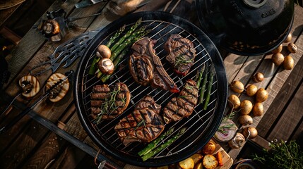 Wall Mural - A detailed top-down view of BBQ steaks