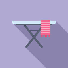 Sticker - Simple vector image of an ironing board with a pink cloth, flat design with shadow on a purple background