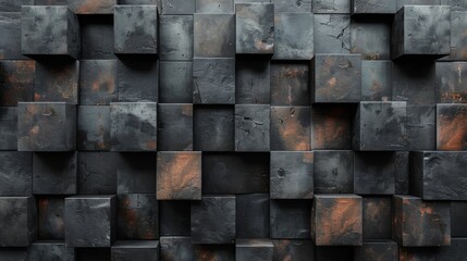 Wall Mural - Dynamic image of a 3D wall tiled with geometric black stone blocks, showing shadows and light contrasts
