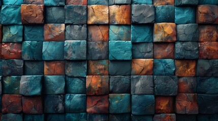 Wall Mural - This image shows a vibrant wall with a textured, 3D cube pattern in shades of blue, orange, and red