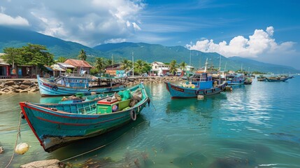 Wall Mural - In a picturesque coastal village, colorful fishing boats are moored at the dock, ready for another day at sea. 