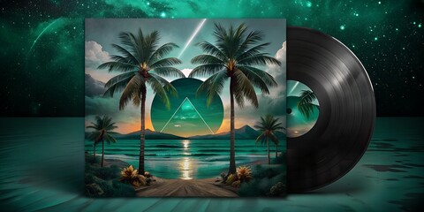 Wall Mural - tropical island with palm trees Illustration of palm trees, sea and sand with sky. summer illustrations for the opening album, letter, background wallpaper, collage, art