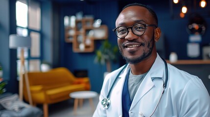 Canvas Print - black doctor with a stethoscope in a spacious office with dark blue walls and modern furniture