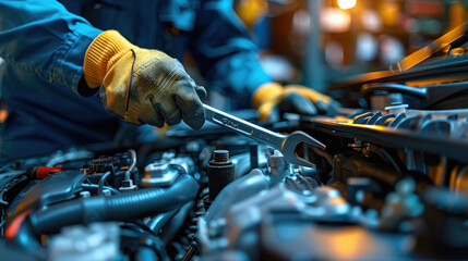 Professional car mechanic using a wrench