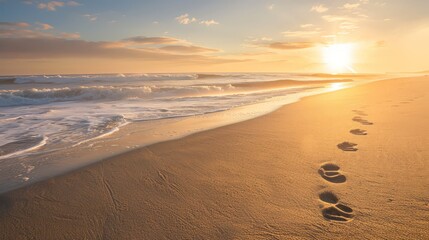 Poster - The early morning sun casts a golden glow over the beach, where footprints are the only marks on the smooth sand. The gentle waves and the promise of a new day create a peaceful scene.