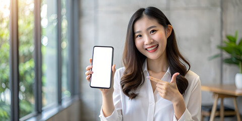Asian woman pointing moblie screen