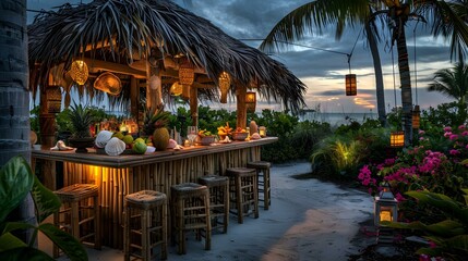 Wall Mural - tropical outdoor bar counter with a thatched roof