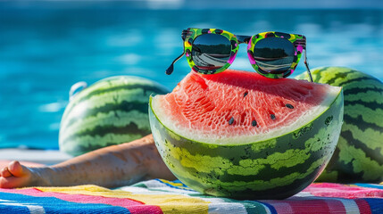 Wall Mural - A juicy watermelon with funky sunglasses, reclining on a colorful beach towel near the clear blue water