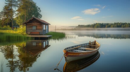 Wall Mural - This tranquil summer scene showcases a traditional Finnish sauna cottage made of wood by a serene lake. The pier and fishing boat add to 