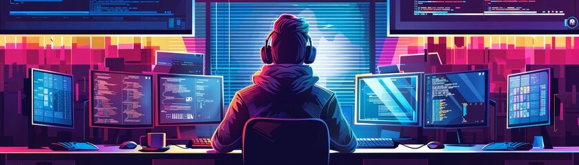 Person wearing headphones working on multiple computer screens in a vibrant office, illuminated by neon lights and technical data.