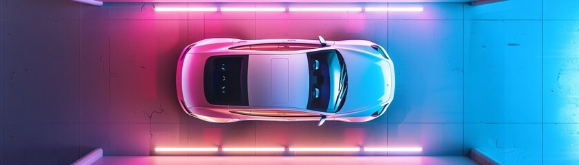 Top view of a luxury car illuminated by neon lights, showcasing modern design and technology in a sleek, futuristic setting.