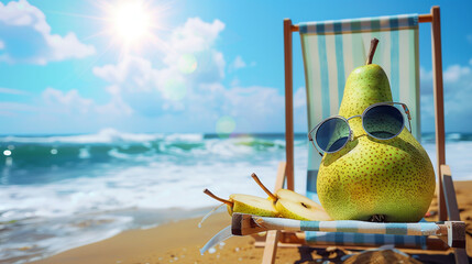 Wall Mural - A pear in chic sunglasses, propped up on a beach chair under the radiant sun with the sea in the distance