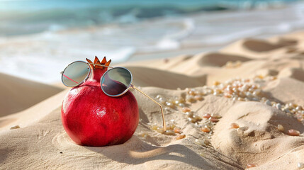 Wall Mural - A pomegranate in fashionable sunglasses, nestled in the sand dunes with a view of the calm tropical sea