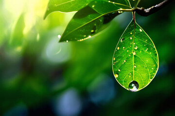 Poster - water drops on green leaf