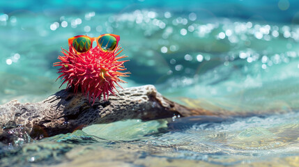 Wall Mural - A rambutan with funky shades, chilling on a driftwood piece by the crystal-clear waters