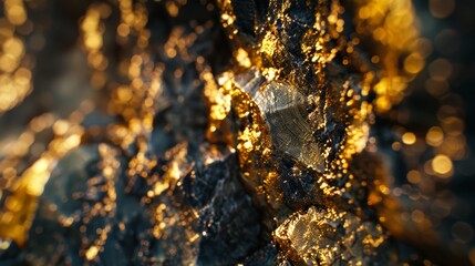 Poster - A close-up of a shimmering gold nugget freshly mined, showcasing its raw and natural beauty against a dark background. The intricate details and texture of the gold are clearly visible.