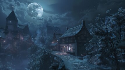Wall Mural - A full moon casts a gentle glow over a sleeping village, the quiet streets and houses bathed in moonlight. The scene is serene and still.