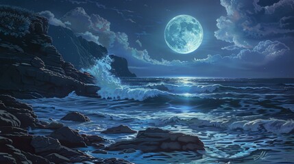 Wall Mural - A full moon illuminates a rugged coastline, the light reflecting off the crashing waves. The scene is dramatic and powerful, filled with natural beauty.
