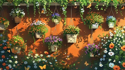 Wall Mural - An illustration of a balcony garden with hanging pots