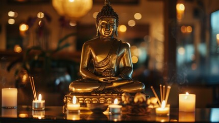 Poster - A golden Buddha statue sitting serenely in a temple, surrounded by candles and incense. The statue's calm expression and golden aura evoke peace and spirituality.