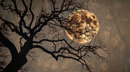 Poster - A silhouette of a tree against the backdrop of a full moon. The intricate branches and leaves are highlighted by the moon's soft light, creating a striking image.