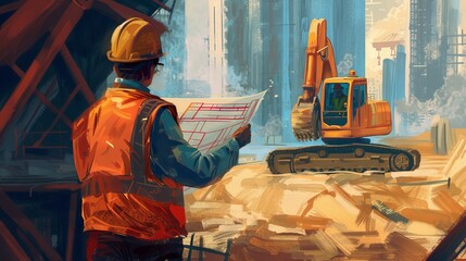 Wall Mural - An engineer in a hard hat and safety vest surveys a construction site, holding a set of blueprints. The project is in full swing with machinery and workers in the background.