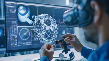 An engineer uses CAD software to design a new mechanical part. The computer screen displays a detailed 3D model, showcasing the engineer's intricate work.