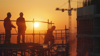 Wall Mural - As the sun rises, construction workers are already on site, ready to tackle another day of building the future.