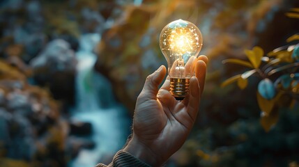 A hand holds a light bulb with a glowing geometric shape on a nature background, representing a green energy concept. The image shows innovative and futuristic ideas for business success or innovation