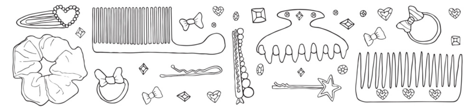 Hand drawn hair accessories including combs, clips, scrunchie, bows, hearts, diamonds, and rings.