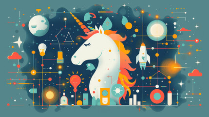  A colorful drawing of a unicorn with a rocket in its mane