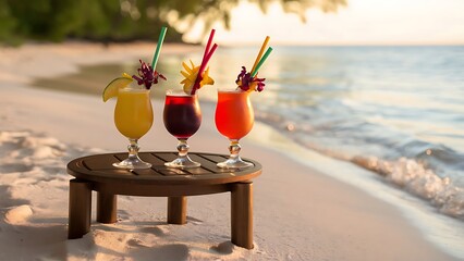 A stunning selective focus image of colorful, exotic cocktails artfully arranged on a white sandy beach