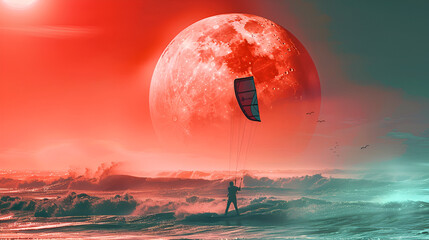 Wall Mural - a man scating in ocean silhouette water mysterious journey exploration red scene and red moon on a background