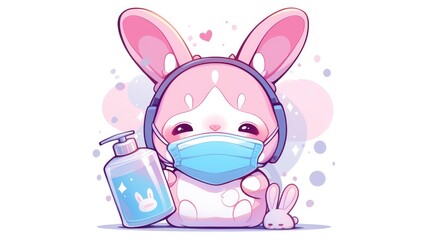 Wall Mural - A cute pink and lavender rabbit sporting a snazzy blue surgical mask and holding a sanitizer is depicted in a charming cartoon sticker in simple 2d EPS format The delightful illustration st