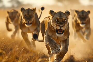 Canvas Print - Pack of youthful lions charging towards the camera across a sandy plain, AI-generated.