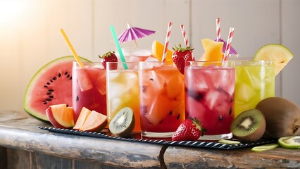 A visually delightful arrangement of fresh fruit iced drinks displayed on a rustic wooden table.