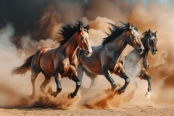 Sticker - Group of galloping horses kicking up dust, AI-generated.