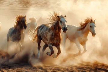 Group of galloping horses kicking up dust, AI-generated.