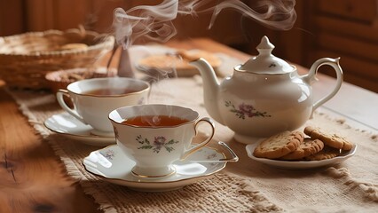 A warm and cozy scene of a wooden table adorned with a beautiful teapot, a steaming cup of tea, and a plate of delicious cookies.