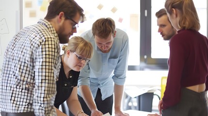 Canvas Print - A group of colleagues collaborates on a project around a table in a modern office setting, fostering teamwork and creativity.