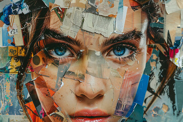 Collage portrait painting facial closeup eye contact print design art poster Generative AI technology