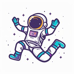 Wall Mural - A cartoon astronaut is jumping in the air with a camera in his hand