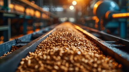 Canvas Print - A vibrant image of a pellet production line inside an industrial factory with a focus on the texture of pellets