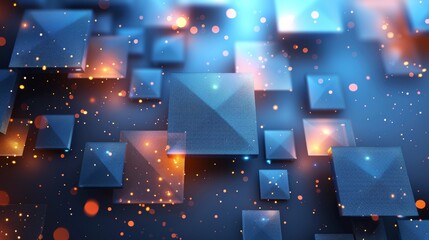 Wall Mural - Ethereal scene of floating blue cubes with illuminated edges amidst a dark, bokeh background, implying a digital or futuristic concept