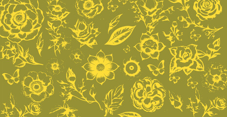 Wall Mural - bicolor contour silhouette seamless pattern with flowers and leaves. Abstract floral spring, summer pattern.