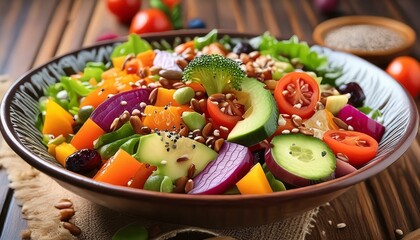 Close-up of a nutritious and colorful salad bowl with fresh vegetables, grains, and healthy