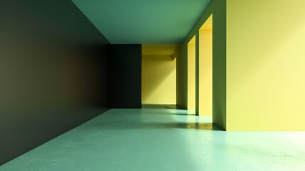 A modern, minimalist interior hallway with yellow walls and a teal floor, featuring open doorways and contrasting shadows