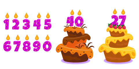 Wall Mural - Set for birthday greetings with cake and burning candles numbers, vector.