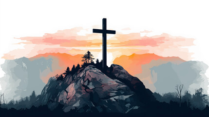 Wall Mural - Silhouette of cross against colorful sky inspired deep spiritual faith, At sunset, reminding believers of Jesus Christ and profound essence of their religion amidst glowing light and drifting clouds.